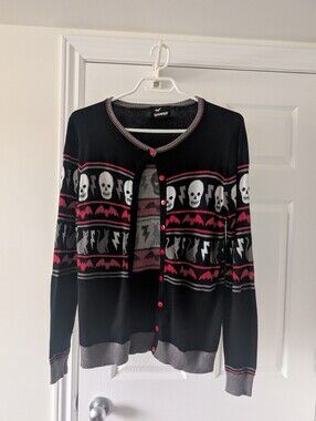 Dark Skull Pattern Cardigan Sweater - Black & Red -